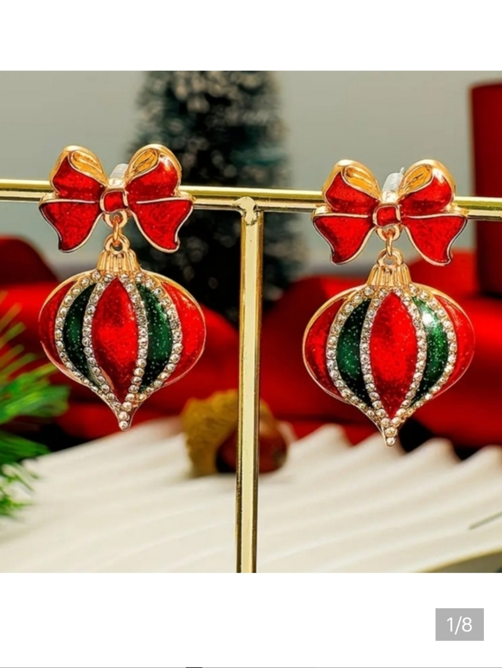 🆕️🎄 ORNAMENT WITH BOW ENAMELLED EARRINGS - GOLD-TONE🎄